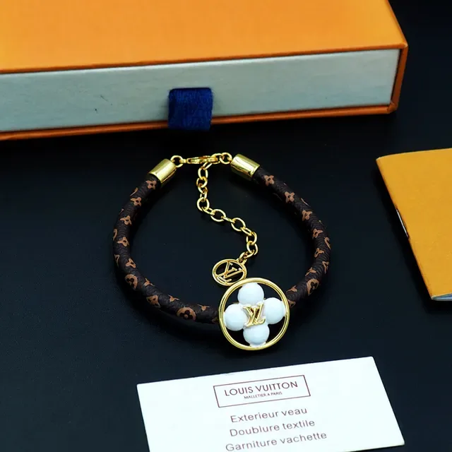 Louis Vuitton Brown Gold Monogrammed Leather Strap Circular Charm Bracelet 7
