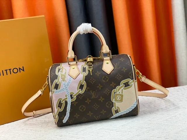 Louis Vuitton Brown Pink Monogram Canvas Painted Chain-and-Rope Motif Boston Bag 2
