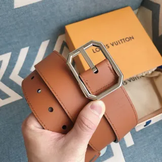 Louis Vuitton Brown Silver Tan Smooth Octagonal Polished Metal Buckle Leather Belt