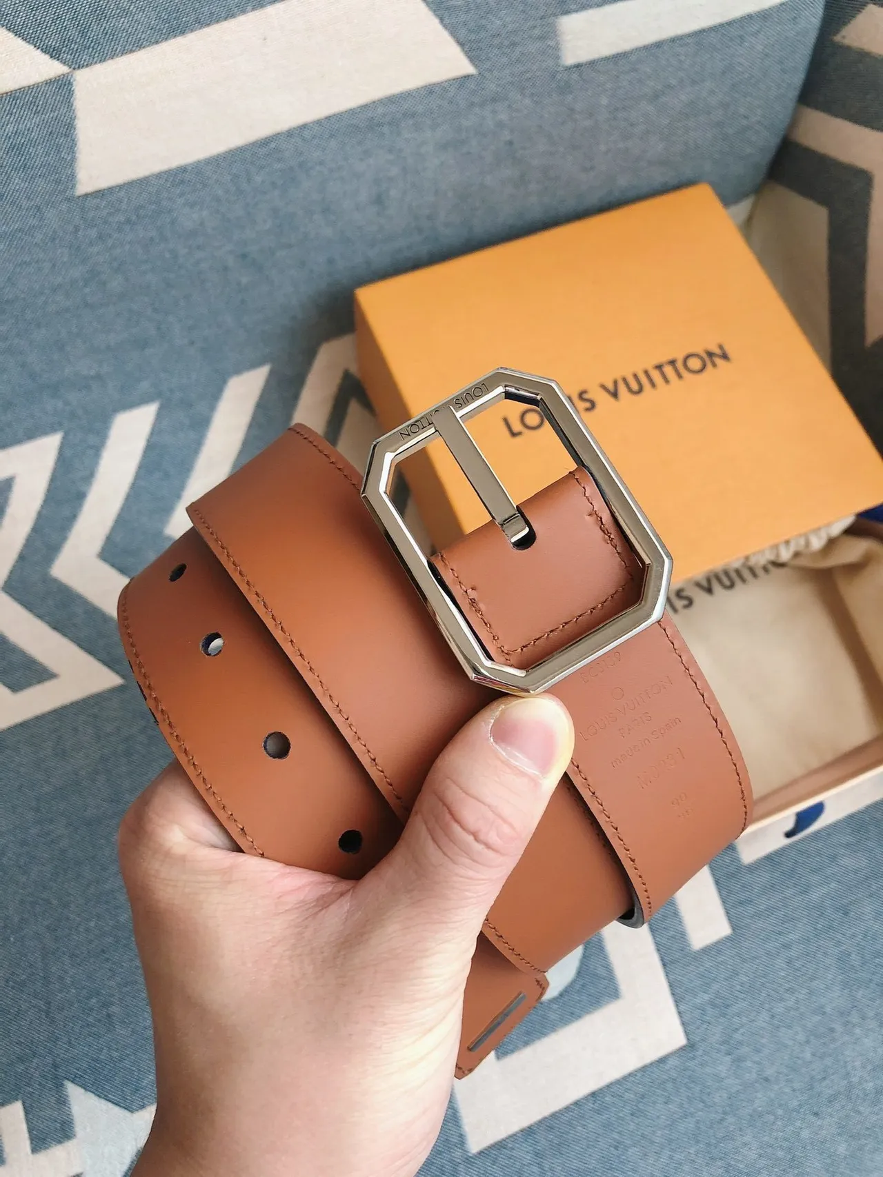 Louis Vuitton Brown Silver Tan Smooth Octagonal Polished Metal Buckle Leather Belt 1
