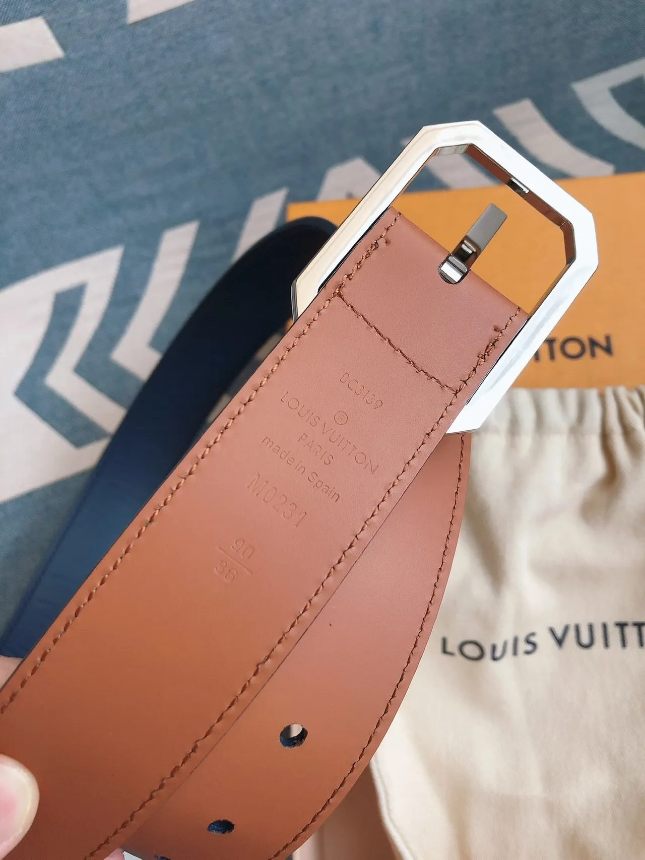 Louis Vuitton Brown Silver Tan Smooth Octagonal Polished Metal Buckle Leather Belt 6