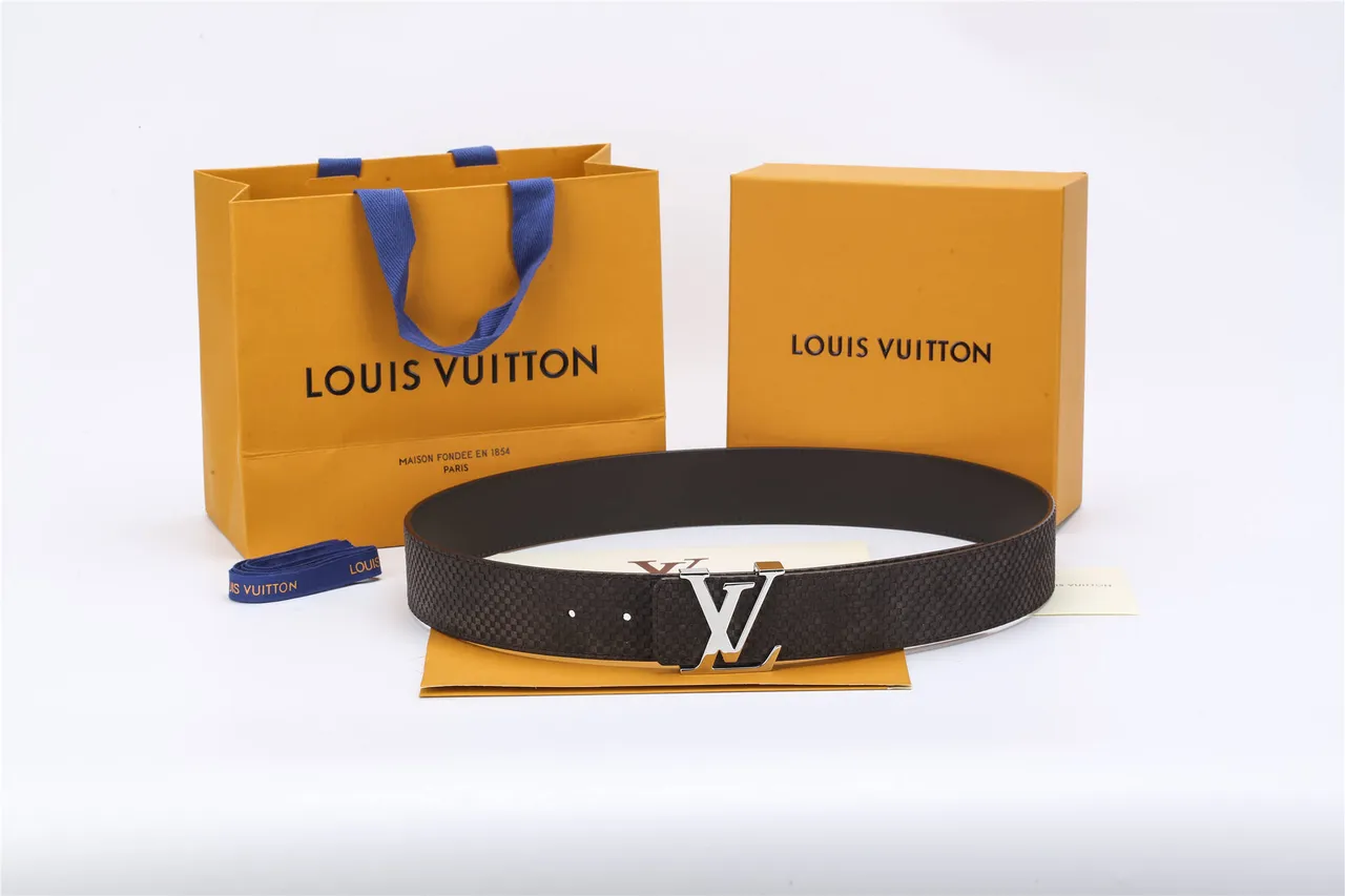 Louis Vuitton Brown Silver Woven Textured Strap Polished LV Buckle Leather Belt 2