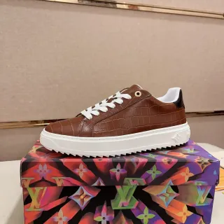 Louis Vuitton Sneakers de cuero marrón blanco con estampado de cocodrilo, suela de plataforma, estilo de vida