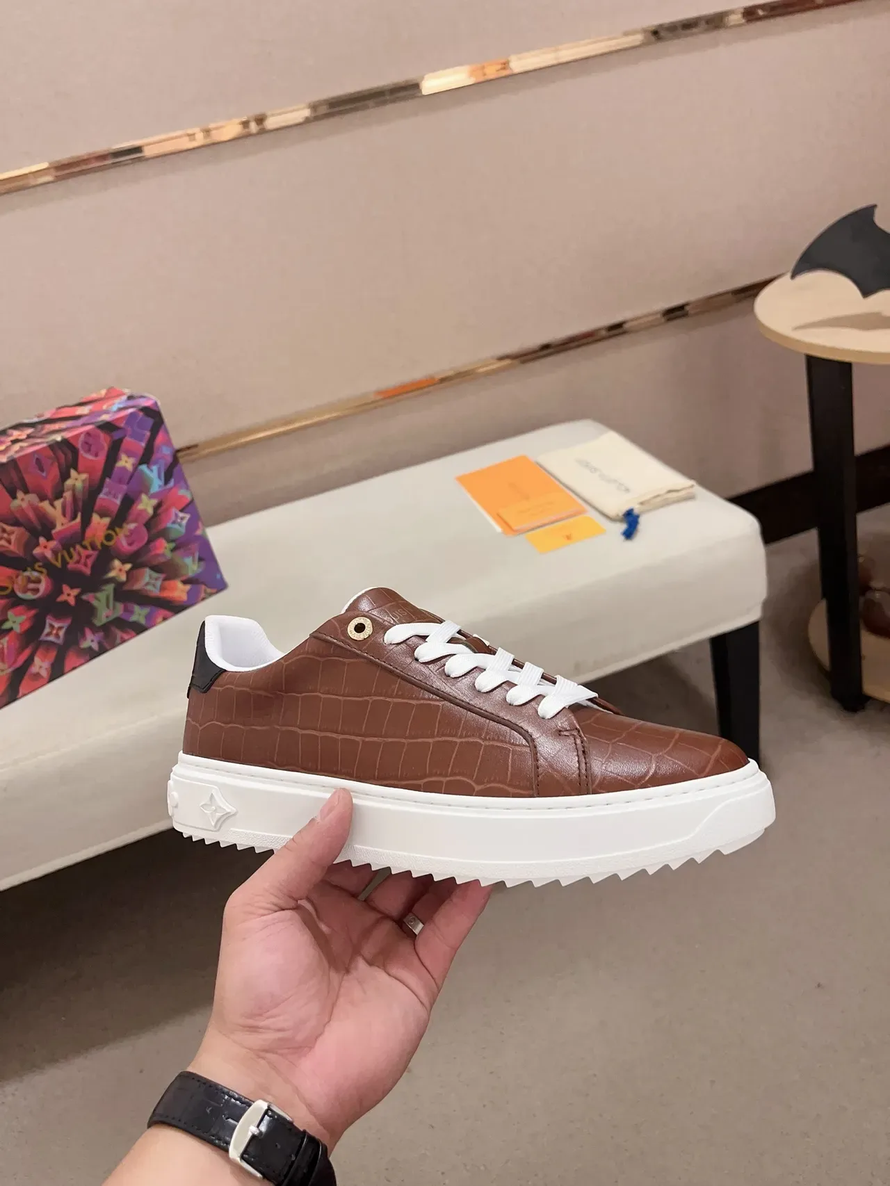 Louis Vuitton Brown White Crocodile-Embossed Leather Platform Sole Lifestyle Sneakers 4