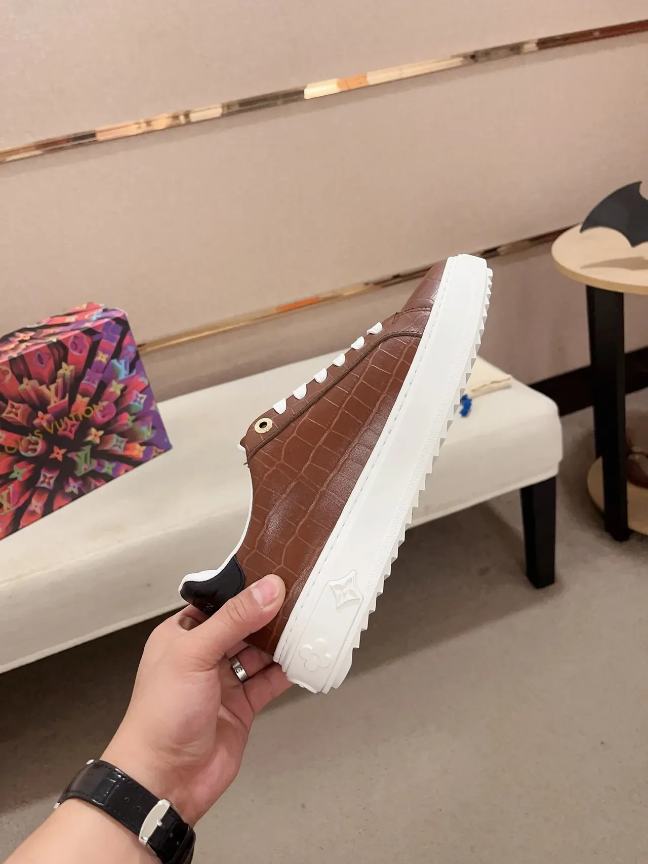 Louis Vuitton Brown White Crocodile-Embossed Leather Platform Sole Lifestyle Sneakers 5