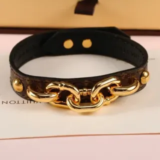 Louis Vuitton Chain Bracelet Brown Gold Monogram Canvas Black Leather Lining Bracelet