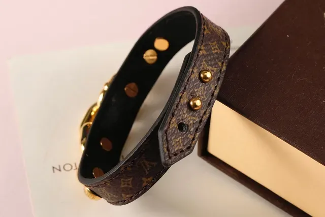 Louis Vuitton Chain Bracelet Brown Gold Monogram Canvas Black Leather Lining Bracelet 4
