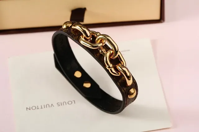 Louis Vuitton Chain Bracelet Brown Gold Monogram Canvas Black Leather Lining Bracelet 5