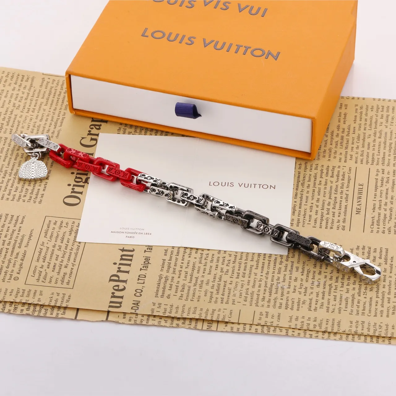 Louis Vuitton Chain Bracelet Red Silver Monogrammed Crystal-Embellished Heart Charm Bracelet 3