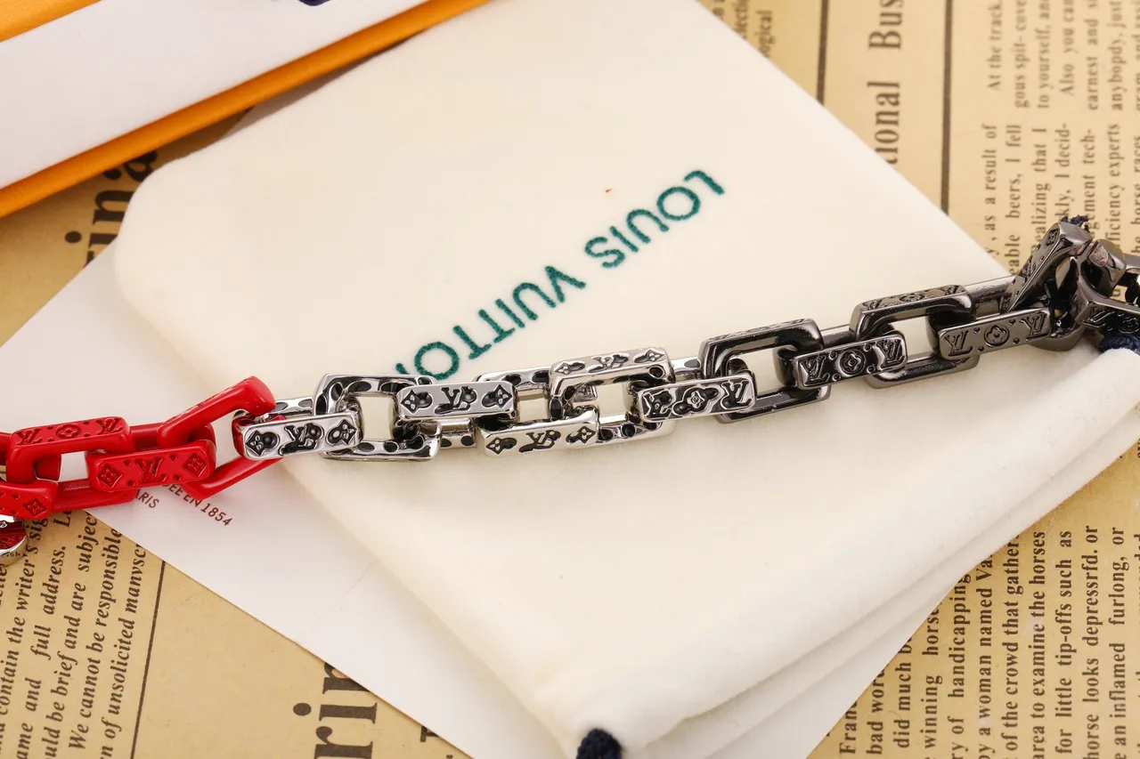 Louis Vuitton Chain Bracelet Red Silver Monogrammed Crystal-Embellished Heart Charm Bracelet 4