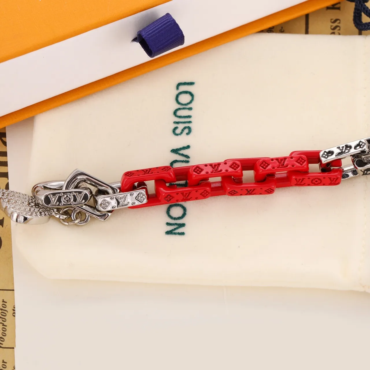 Louis Vuitton Chain Bracelet Red Silver Monogrammed Crystal-Embellished Heart Charm Bracelet 6
