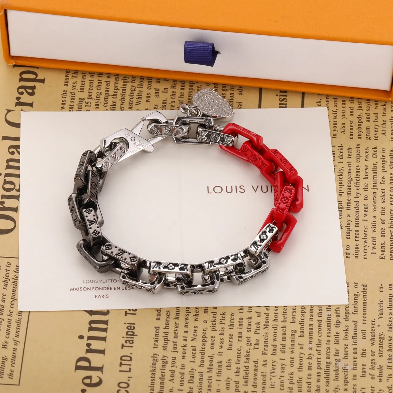Louis Vuitton Chain Bracelet Red Silver Monogrammed Crystal-Embellished Heart Charm Bracelet 8