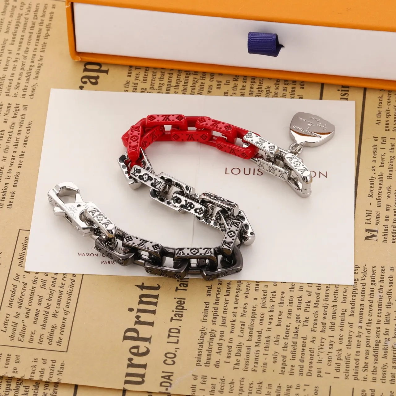 Louis Vuitton Chain Bracelet Red Silver Monogrammed Crystal-Embellished Heart Charm Bracelet 9