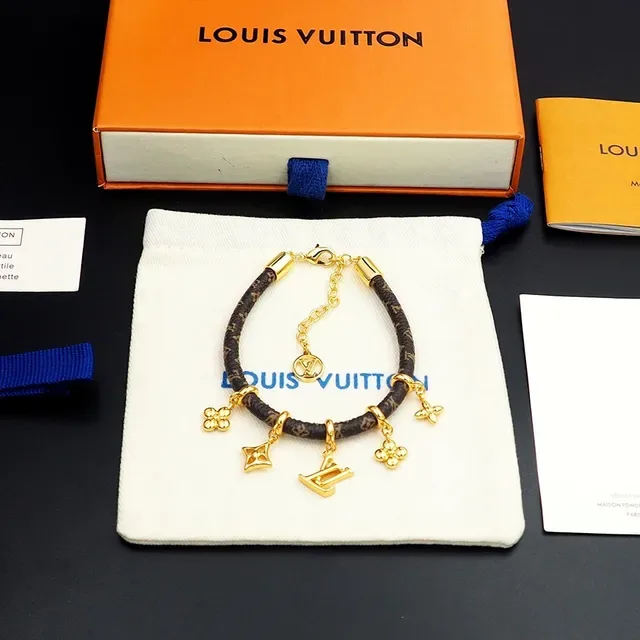 Louis Vuitton Charm Bracelet Brown Gold Monogram-Coated Cord Charms Bracelet 2