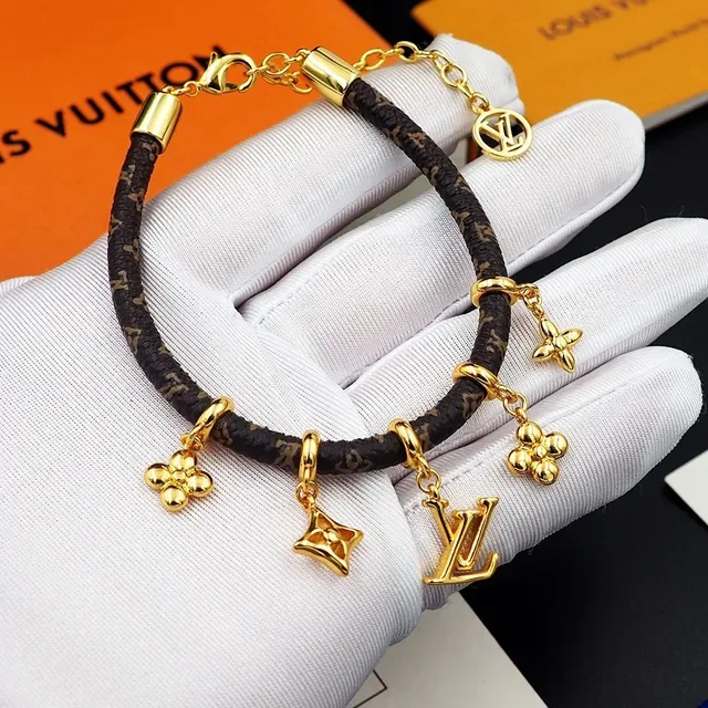 Louis Vuitton Charm Bracelet Brown Gold Monogram-Coated Cord Charms Bracelet 3