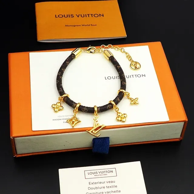 Louis Vuitton Charm Bracelet Brown Gold Monogram-Coated Cord Charms Bracelet 4