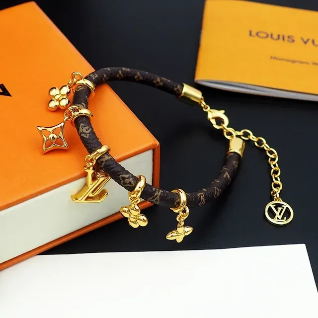 Louis Vuitton Charm Bracelet Brown Gold Monogram-Coated Cord Charms Bracelet 5