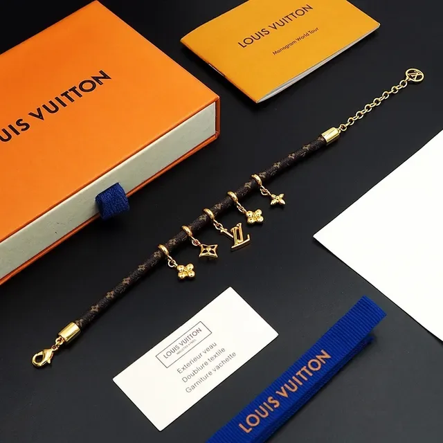 Louis Vuitton Charm Bracelet Brown Gold Monogram-Coated Cord Charms Bracelet 6