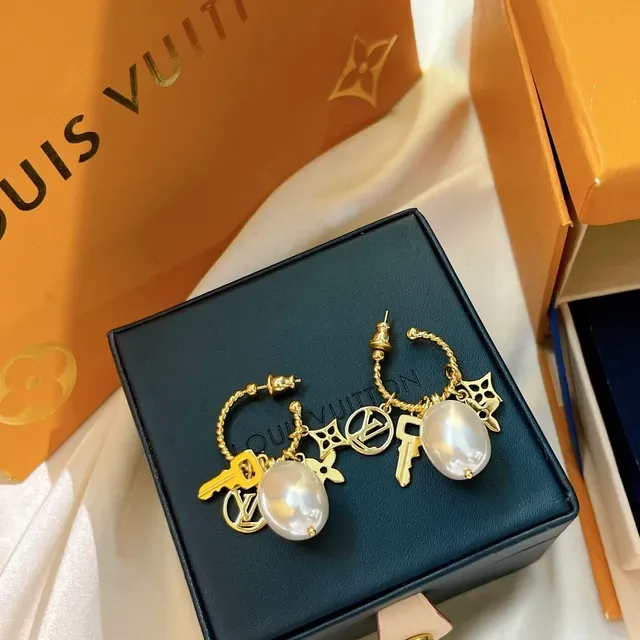 Louis Vuitton Charm Hoop Gold White Earrings 4