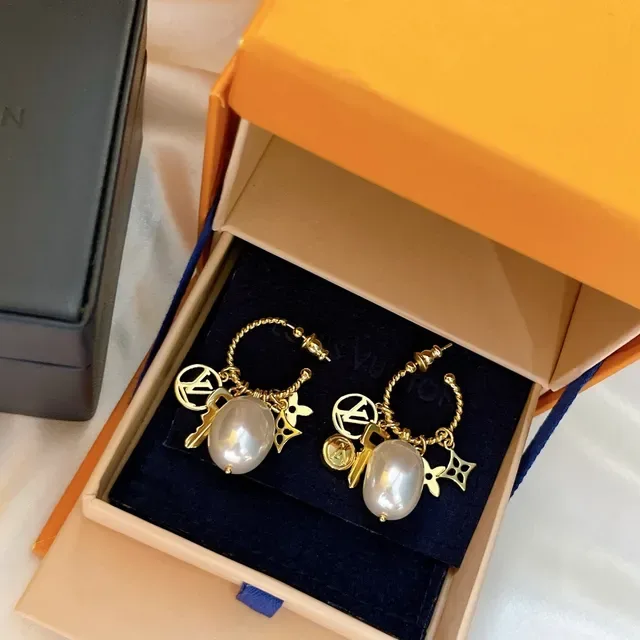 Louis Vuitton Charm Hoop Gold White Earrings 7
