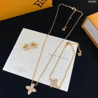 Louis Vuitton Flower Motif Gold Silver Chain Pavé Crystal Pendant Necklace