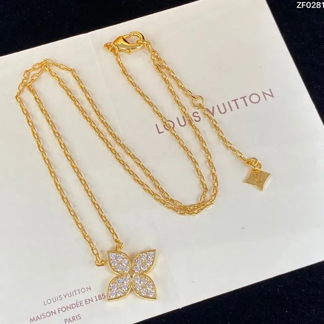 Louis Vuitton Flower Motif Gold Silver Chain Pavé Crystal Pendant Necklace 3