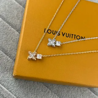 Louis Vuitton Flower Motif Gold Silver Dual-Pendant Pavé-Set Necklace