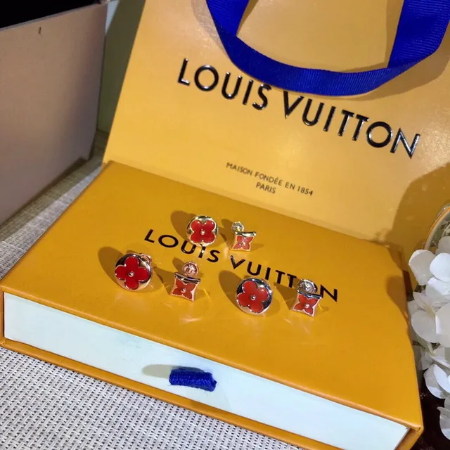 Louis Vuitton Flower Pink Red Floral Motif Enamel Finish Earrings 8