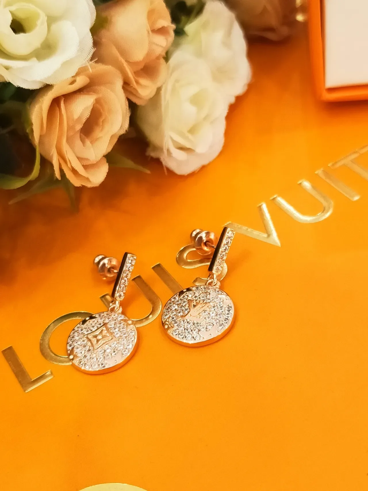 Louis Vuitton Gold Black Pavé-Crystal Encrusted Circular Disc Pendant Earrings 2