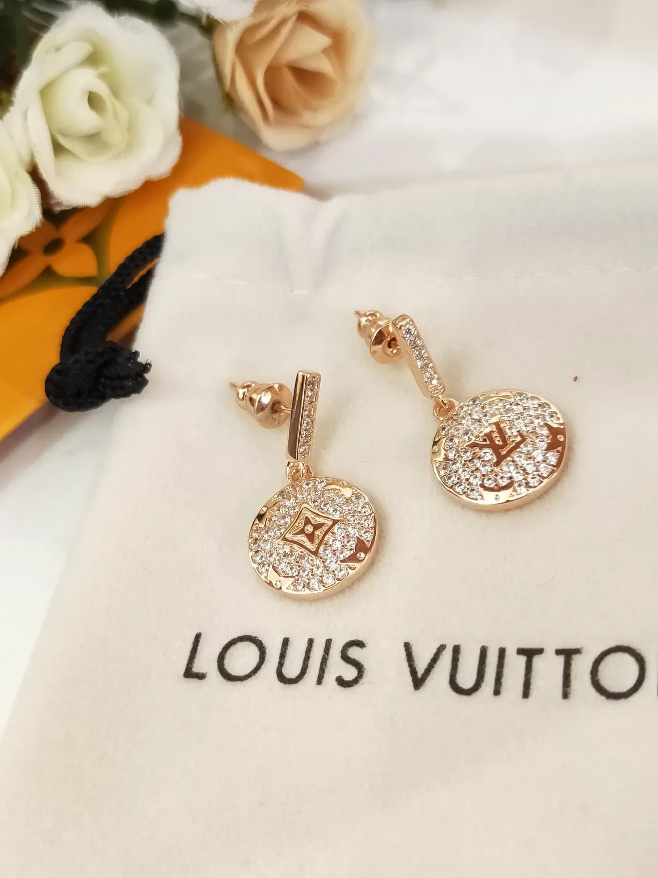 Louis Vuitton Gold Black Pavé-Crystal Encrusted Circular Disc Pendant Earrings 5