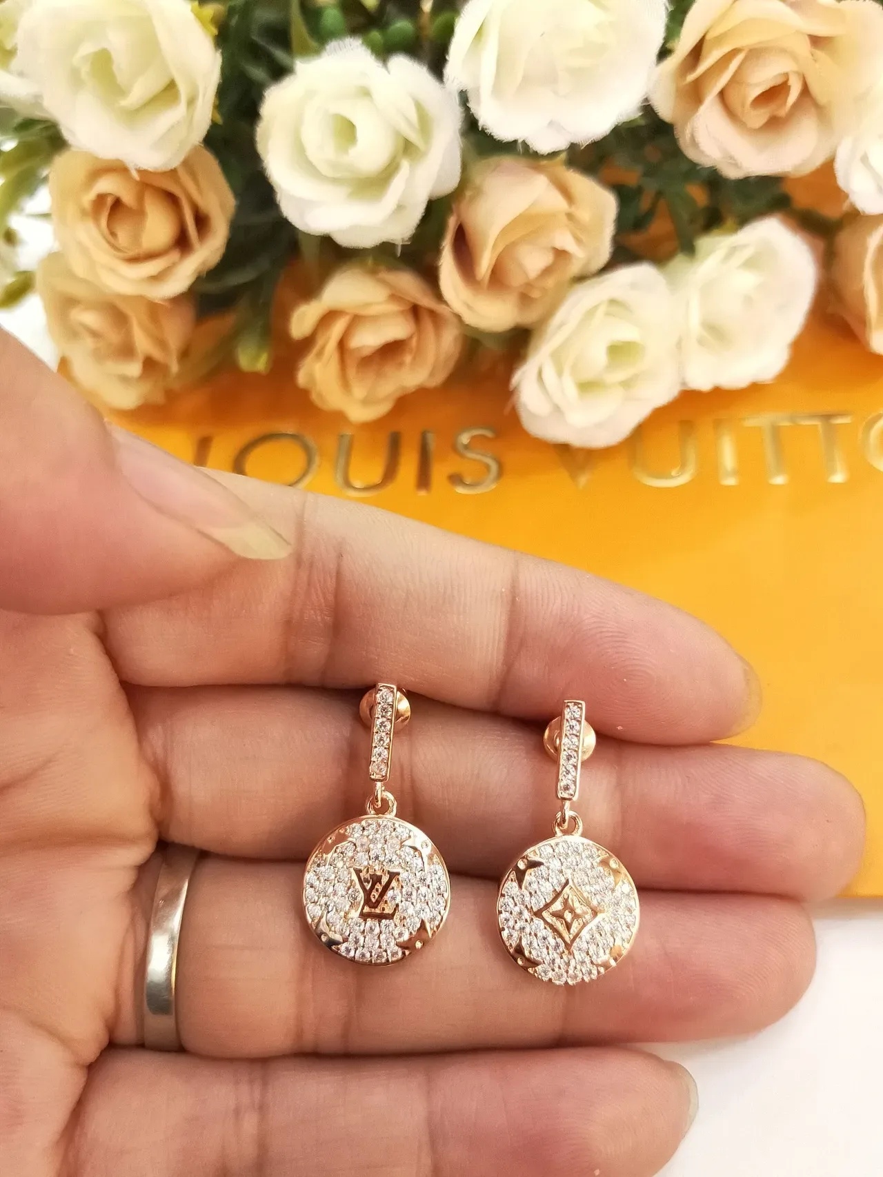 Louis Vuitton Gold Black Pavé-Crystal Encrusted Circular Disc Pendant Earrings 6