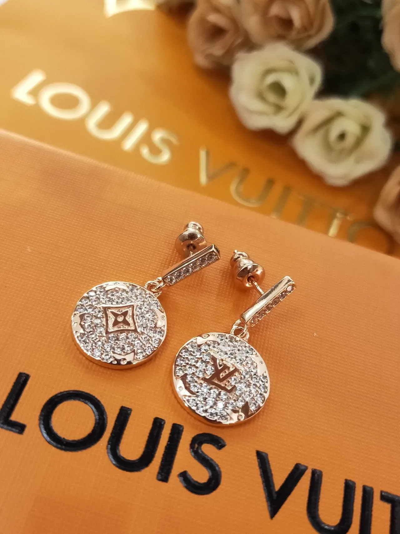 Louis Vuitton Gold Black Pavé-Crystal Encrusted Circular Disc Pendant Earrings 7