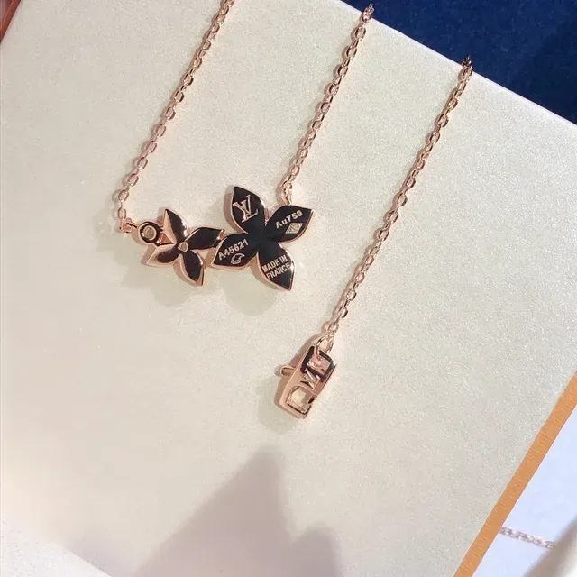 Louis Vuitton Gold Black Rose Chain Dual Floral Pendant Necklace 5