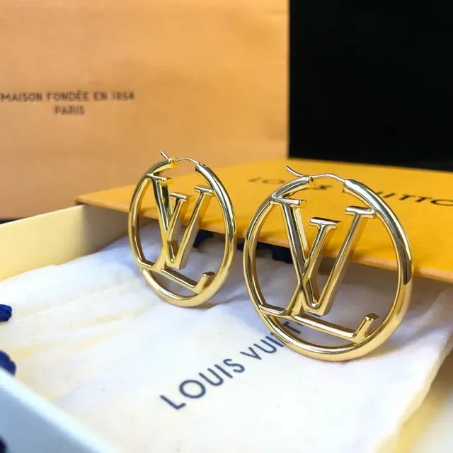 Louis Vuitton Gold Blue Circular Hoop Earrings 10