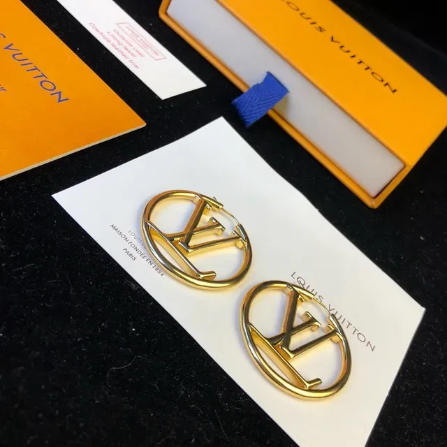 Louis Vuitton Gold Blue Circular Hoop Earrings 15
