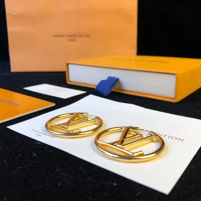 Louis Vuitton Gold Blue Circular Hoop Earrings 16