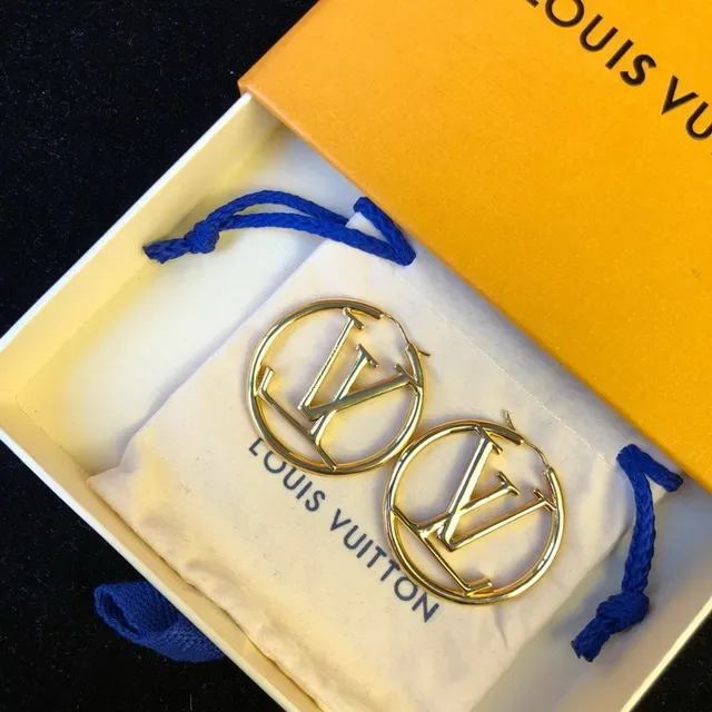 Louis Vuitton Gold Blue Circular Hoop Earrings 17