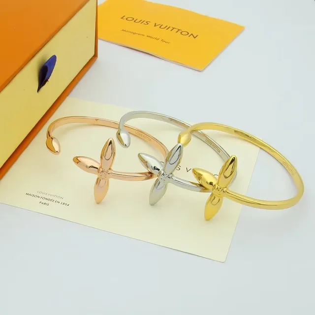 Louis Vuitton Gold Silver Open Bangle Four-Petal Floral Motif Bracelet 2