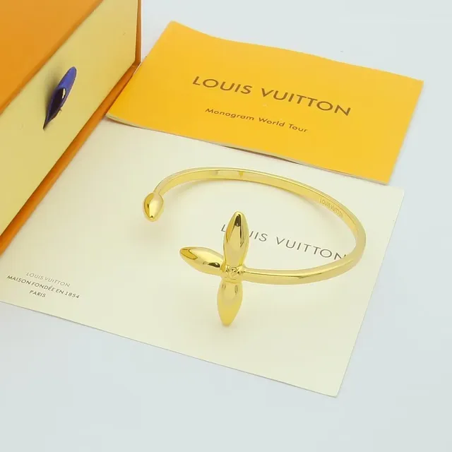 Louis Vuitton Gold Silver Open Bangle Four-Petal Floral Motif Bracelet 3