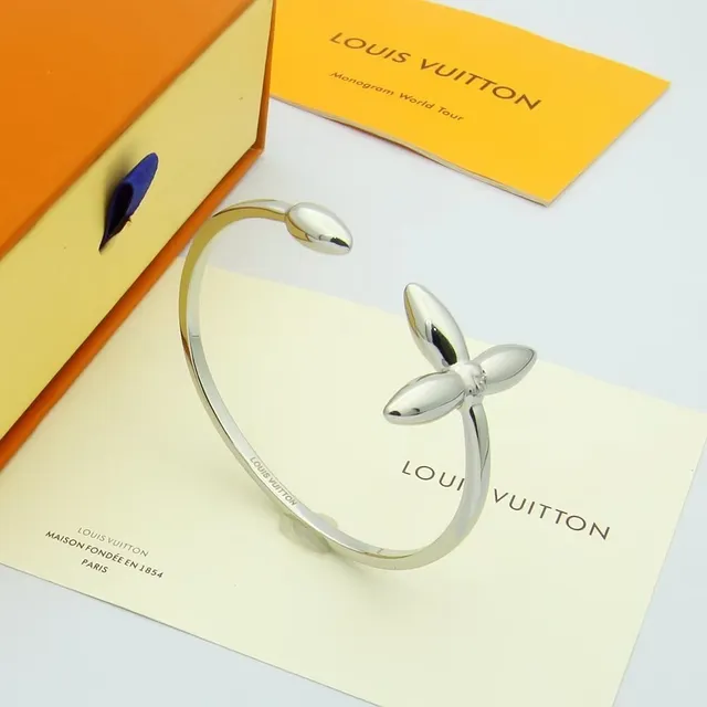 Louis Vuitton Gold Silver Open Bangle Four-Petal Floral Motif Bracelet 5