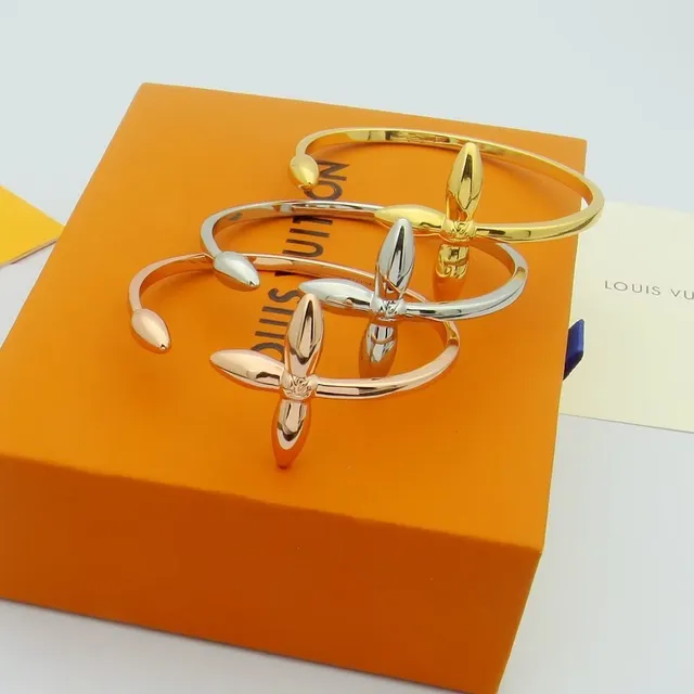Louis Vuitton Gold Silver Open Bangle Four-Petal Floral Motif Bracelet 6
