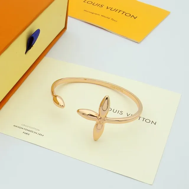 Louis Vuitton Gold Silver Open Bangle Four-Petal Floral Motif Bracelet 7