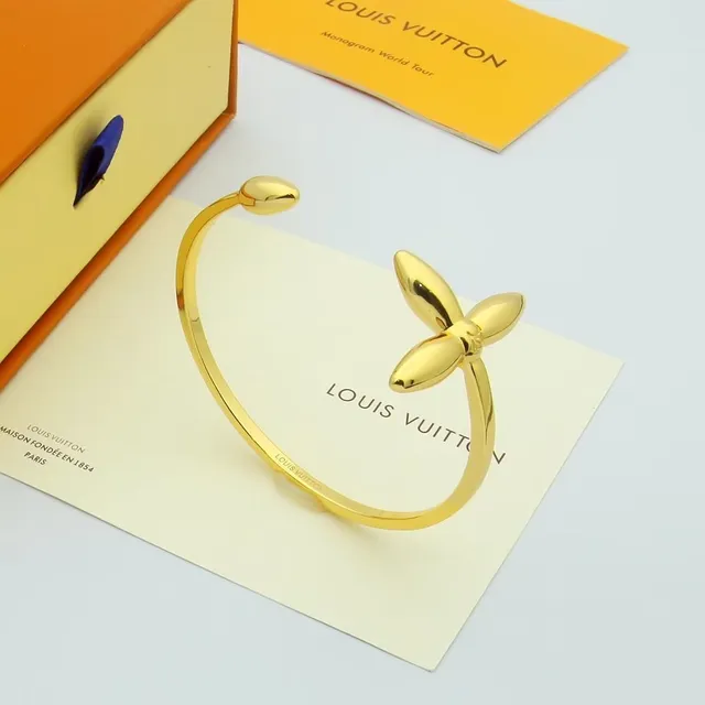 Louis Vuitton Gold Silver Open Bangle Four-Petal Floral Motif Bracelet 8