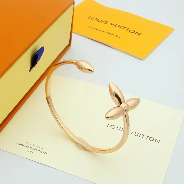 Louis Vuitton Gold Silver Open Bangle Four-Petal Floral Motif Bracelet 9
