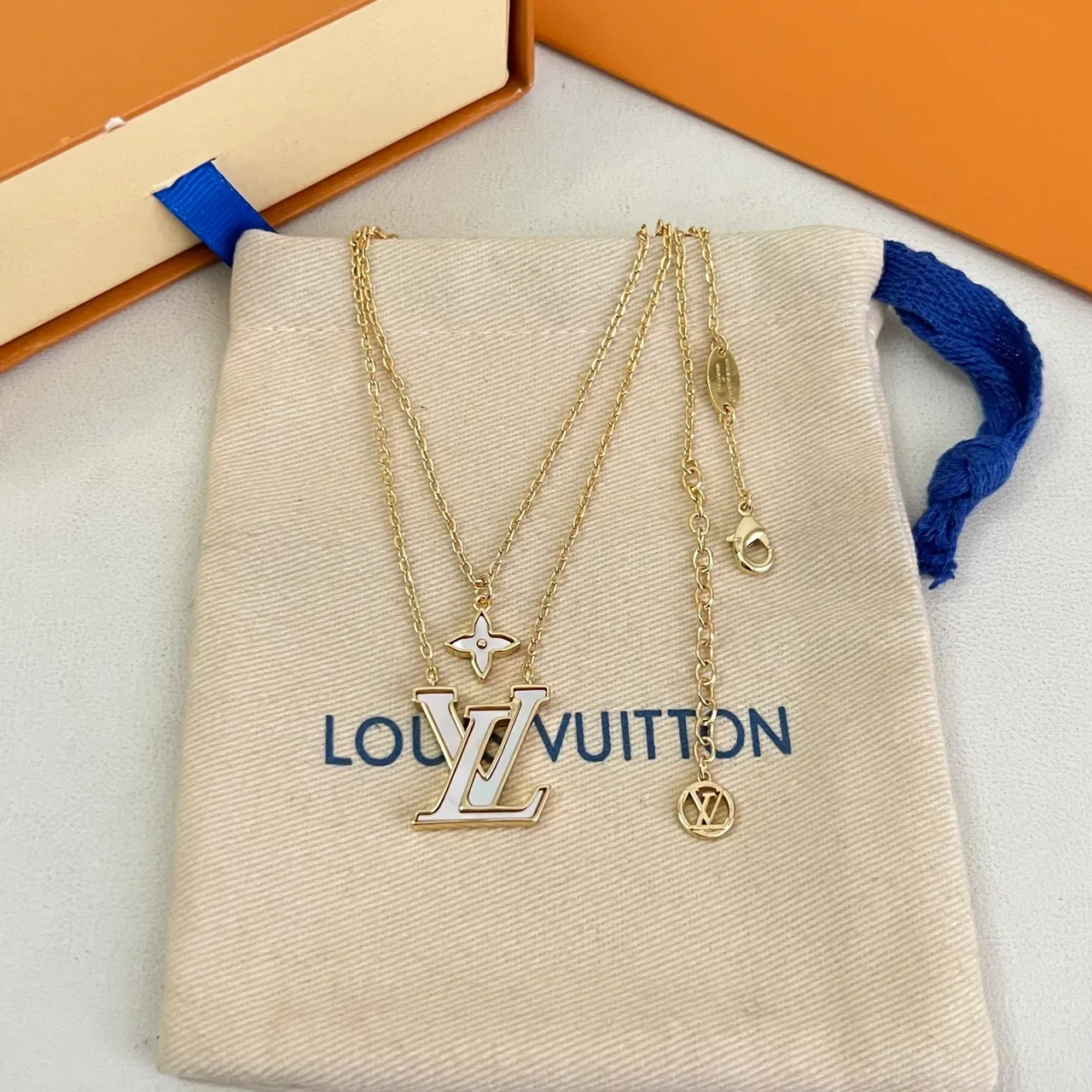 Louis Vuitton Gold White Double-Chain Layered Necklace 3