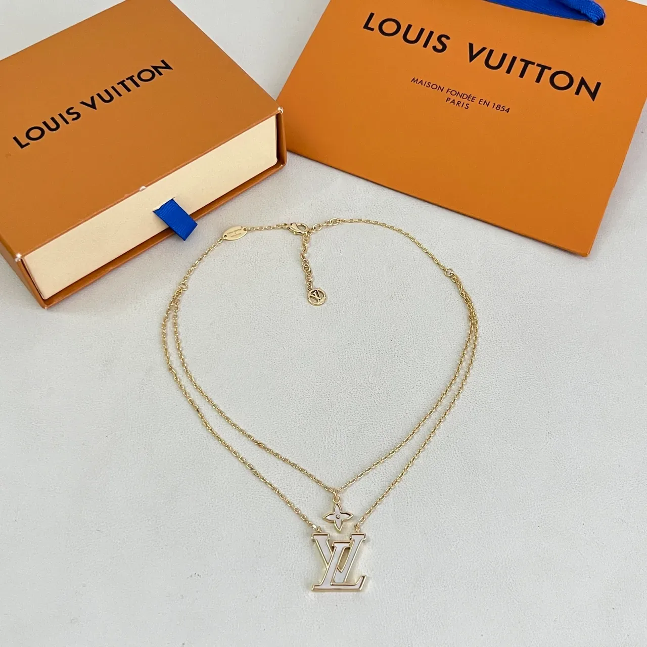 Louis Vuitton Gold White Double-Chain Layered Necklace 5