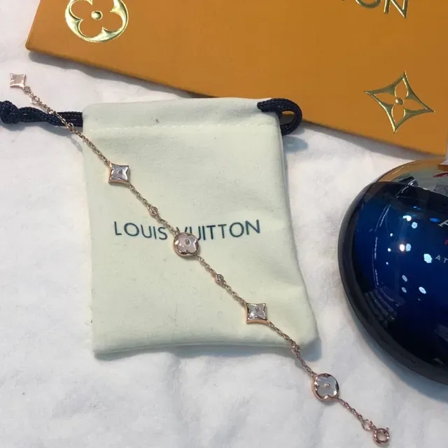 Louis Vuitton Gold White Rose Chain Enamel Floral Charms Bracelet 7
