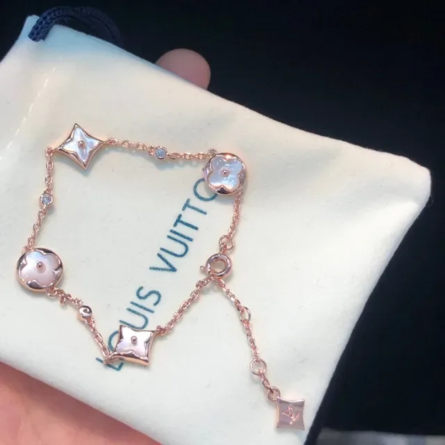 Louis Vuitton Gold White Rose Chain Enamel Floral Charms Bracelet 9