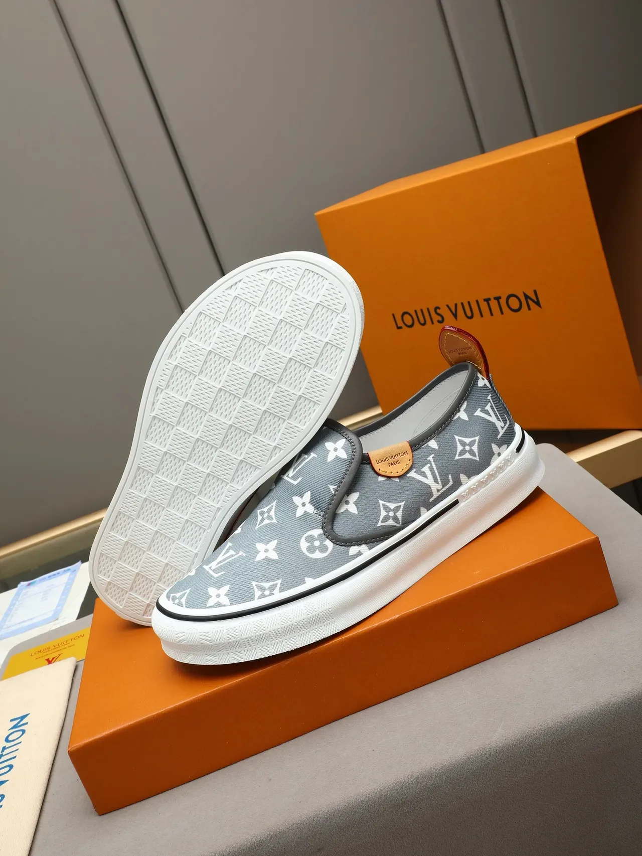 Louis Vuitton Gray White Monogram Canvas Slip-On Lifestyle Sneakers 5