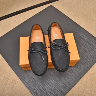 路易威登 乐福鞋 黑色 米色 穿孔 印花皮革 装饰性系带 乐福鞋